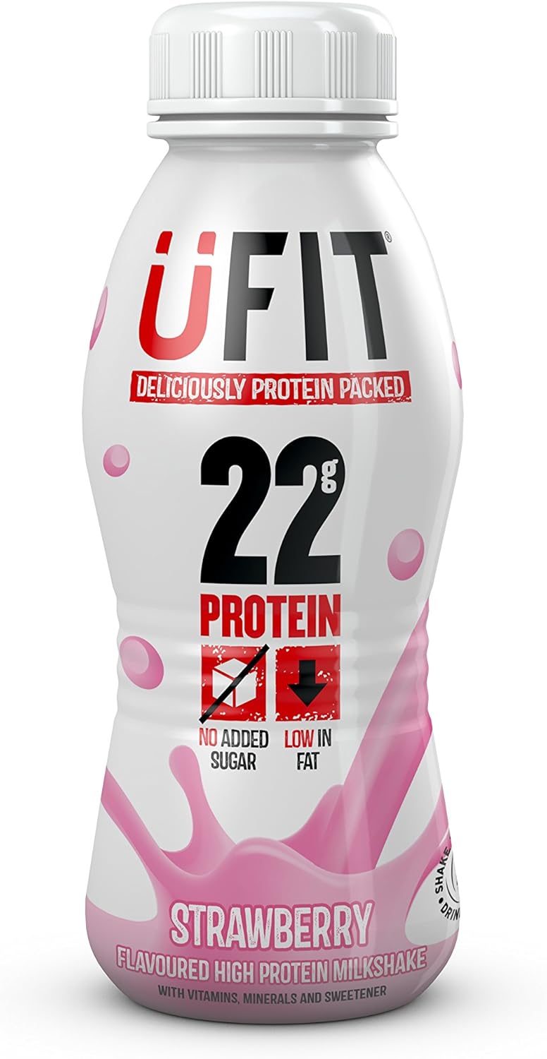 UFIT High 22g Protein Shake, No Added Sugar, Low Fat – Strawberry Flavour Ready To Drink (Pack of 8 x 310ml)