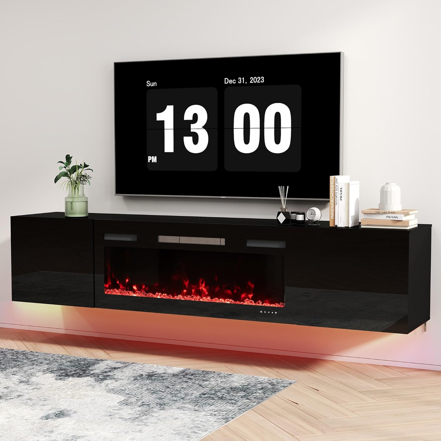 Real Relax 70" Floating TV Stand with 36" Electric Fireplace, Wall Mounted Entertainment Center with Storage, Remote Control, Modern LED Lights Fireplace TV Console for TVs Up to 80", All Black