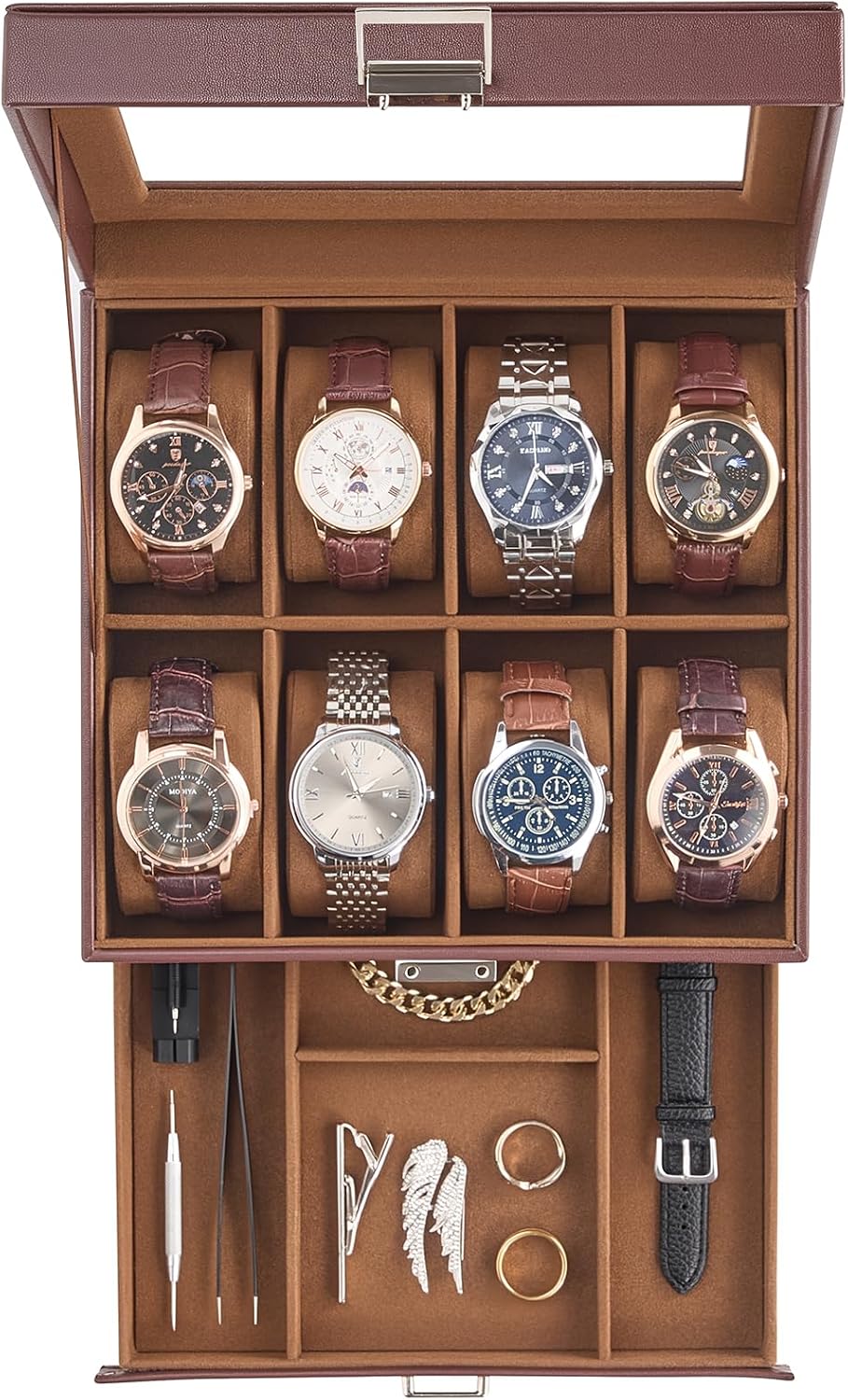 ProCase Watch Case, 8 Slot Mens Watch Box with Drawer -Espresso | 2-Layer Jewelry Box Display Case Holder Organizer for Men, Clear Lid, Dad Friend Father Anniversary Christmas Birthday Gift