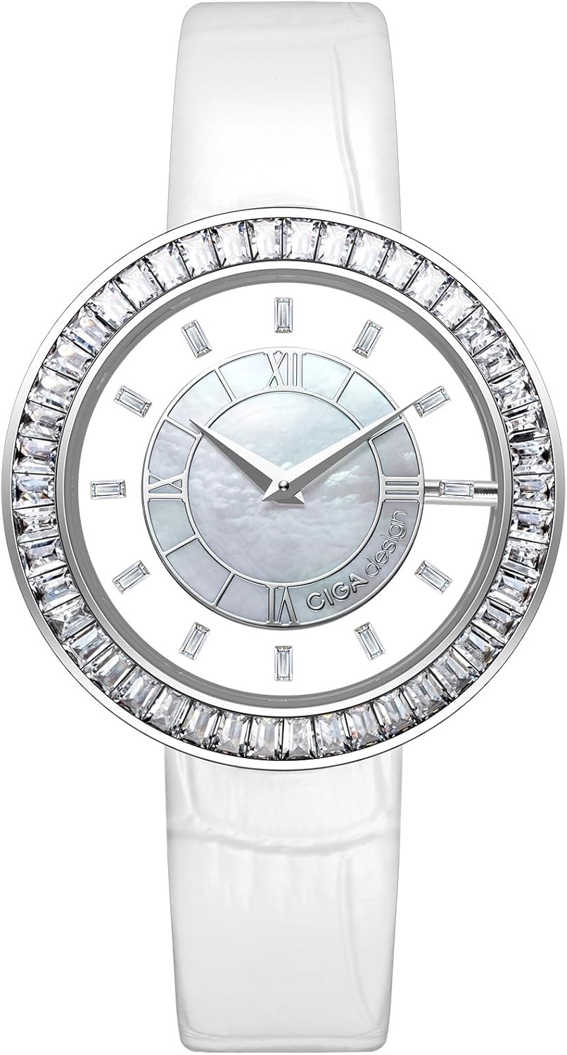 CIGA Design Watches for Women Sparkle Collection Quartz Watch, Gem-Set Bezel, Elegant Mother-of-Pearl Dial, Refined Leather Strap with Buckle for Women Watch