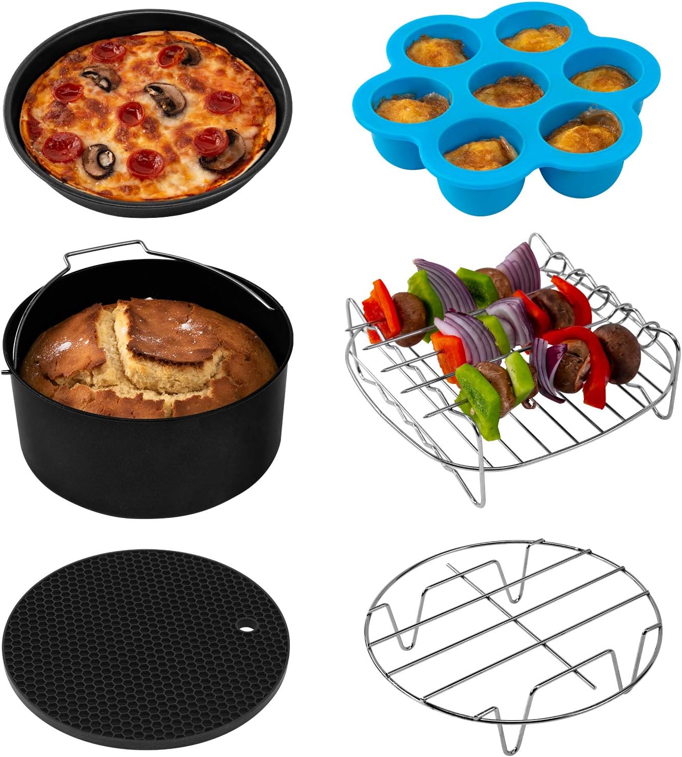 COSORI Air Fryer Accessories, Set of 6 Perfect for Most 5.0 Qt and Larger Ovens, Cake & Pizza Pan, Metal Holder, Rack & Skewers, etc, BPA Free, Nonstick, Dishwasher Safe, 5.8 QT, Black