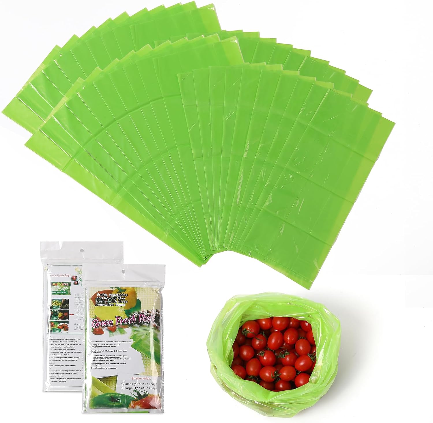 Green Bags 40-Pack (20S, 20L) – Reusable Green Fresh Bags Keeps Fruits, Vegetables and Cut Flowers, Fresh Longer
