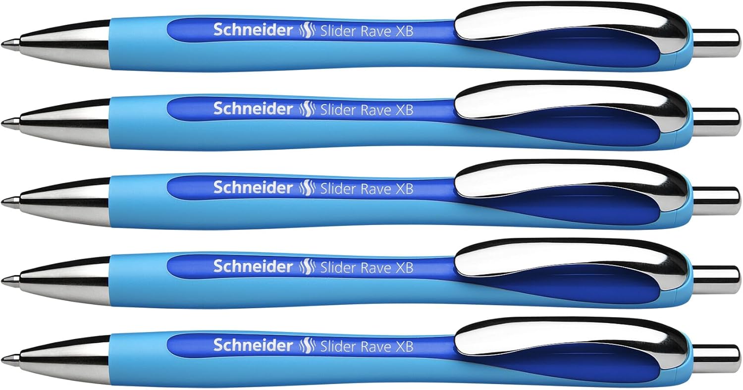 Schneider Slider Rave XB (Extra Broad) Ballpoint Pens, Refillable + Retractable, 1.4 mm, Light Blue Barrel, Blue Ink, Box of 5 Pens (132503)