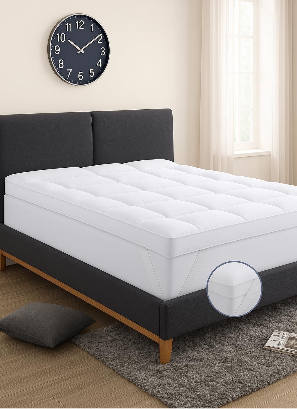 NIGHTSLEEP Microfibre Mattress Topper, 4 Inch/10cm Thick, Supersoft Heavy Fill, Single, Double, King, Super King, Box Stitched, Elasticated Corner Straps, White (Double)