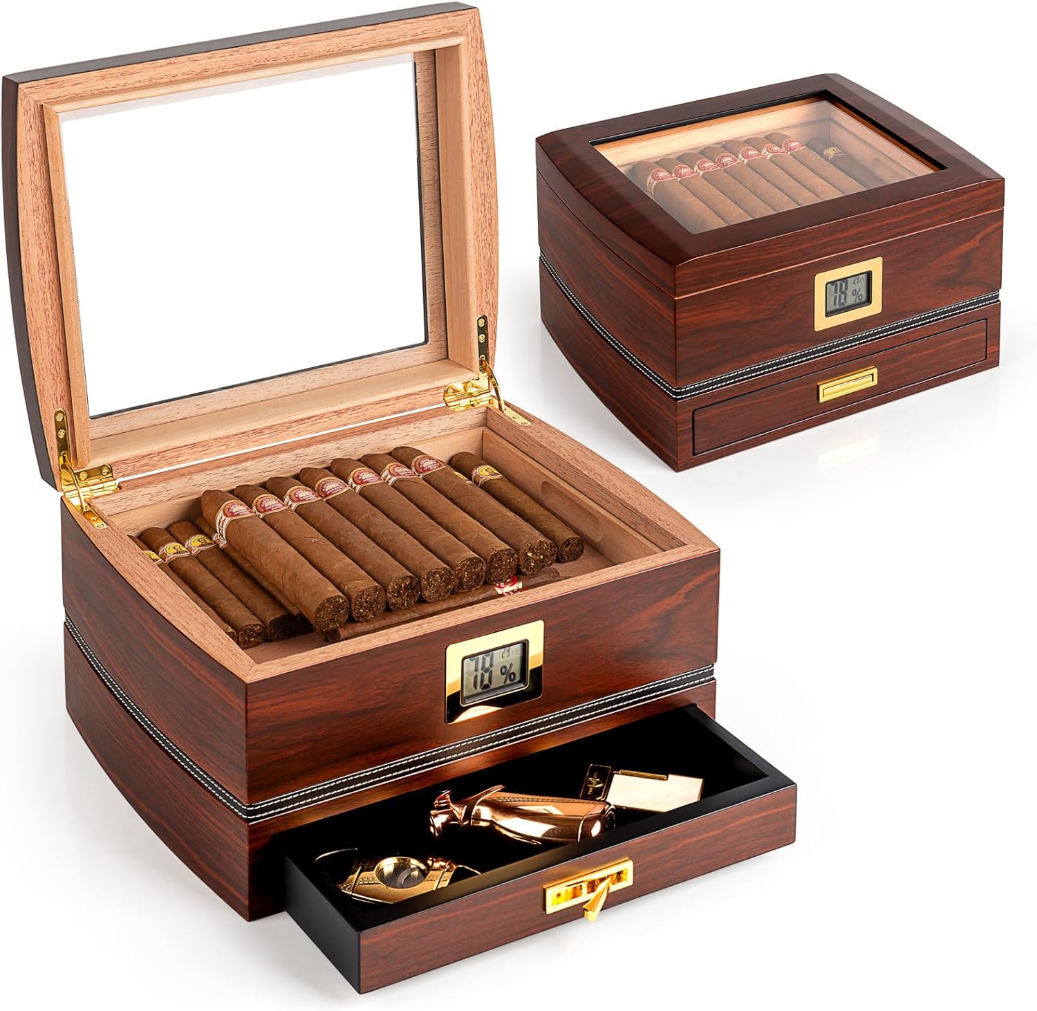 Marvero Cigar Humidors, Cedar Wood Humidor with Digital Hygrometer, Drawers, Humidifiers and Gold-Plated Hardwares. Cigar humidor Cabinet for Men Husband Father, 75 Cigars Capacity Ebony Color