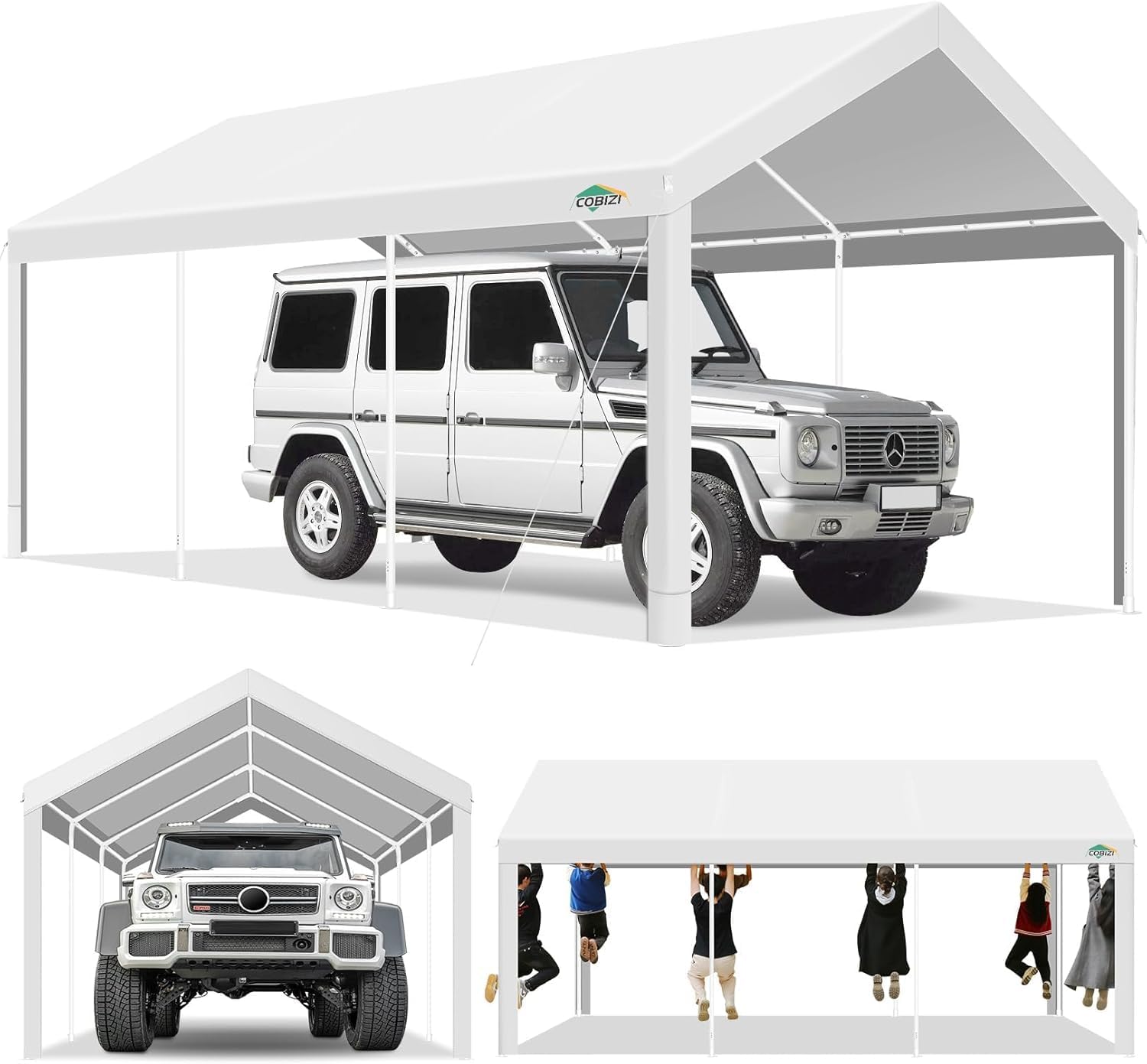 COBIZI Carport 10x20ft Heavy Duty Portable Garage, 2.0 Powder Coated Frame(Better Than Galvanized), Waterproof Shelter with Built-in Sandbags, for Car/Boat/SUV, White