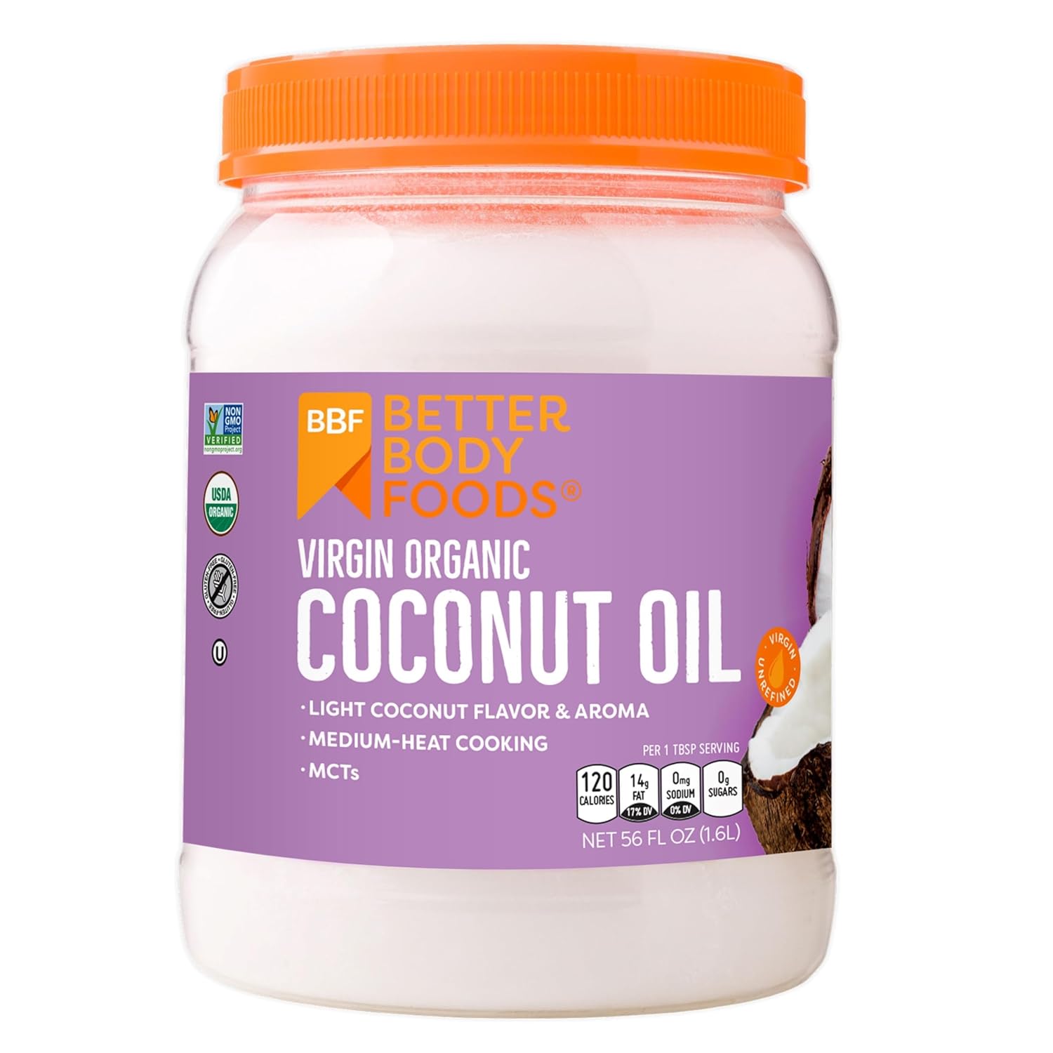 BetterBody Foods Organic Unrefined Coconut Oil - Hair & Skin Moisturizer, Baking & Cooking Oil - Light Aroma and Flavor - Butter Alternative - 56 Fl Oz