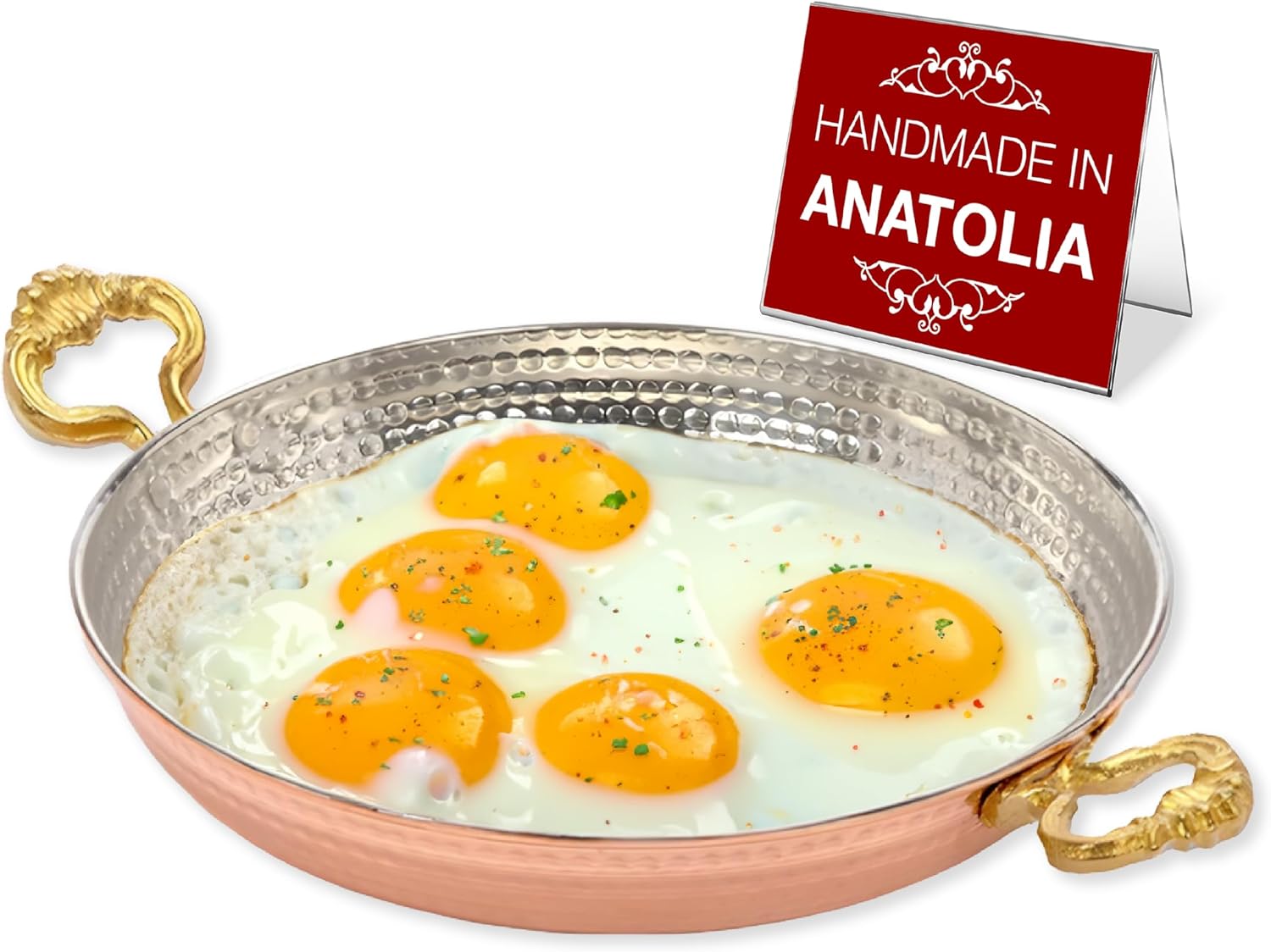 Hakan Copper Egg Pan for Cooking | Handmade Large Frying Pan | Hammered Skillet with Double Handles for Omelette | Authentic Kitchen Cookware & Copper Gifts Idea, 9.4” (24 cm)