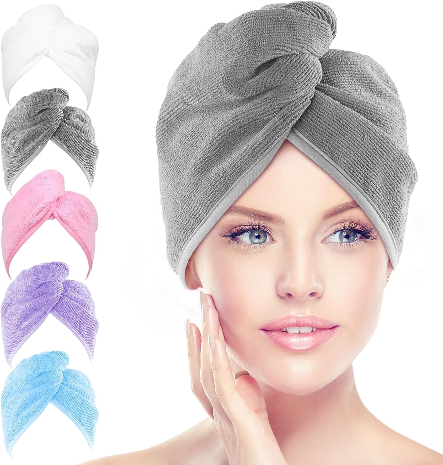 AIDEA Microfiber Hair Towel Wrap, 5 Pack Turbans, Super Absorbent Quick Dry for All Hair Types, Anti-Frizz Accessories for Women, 26"10"