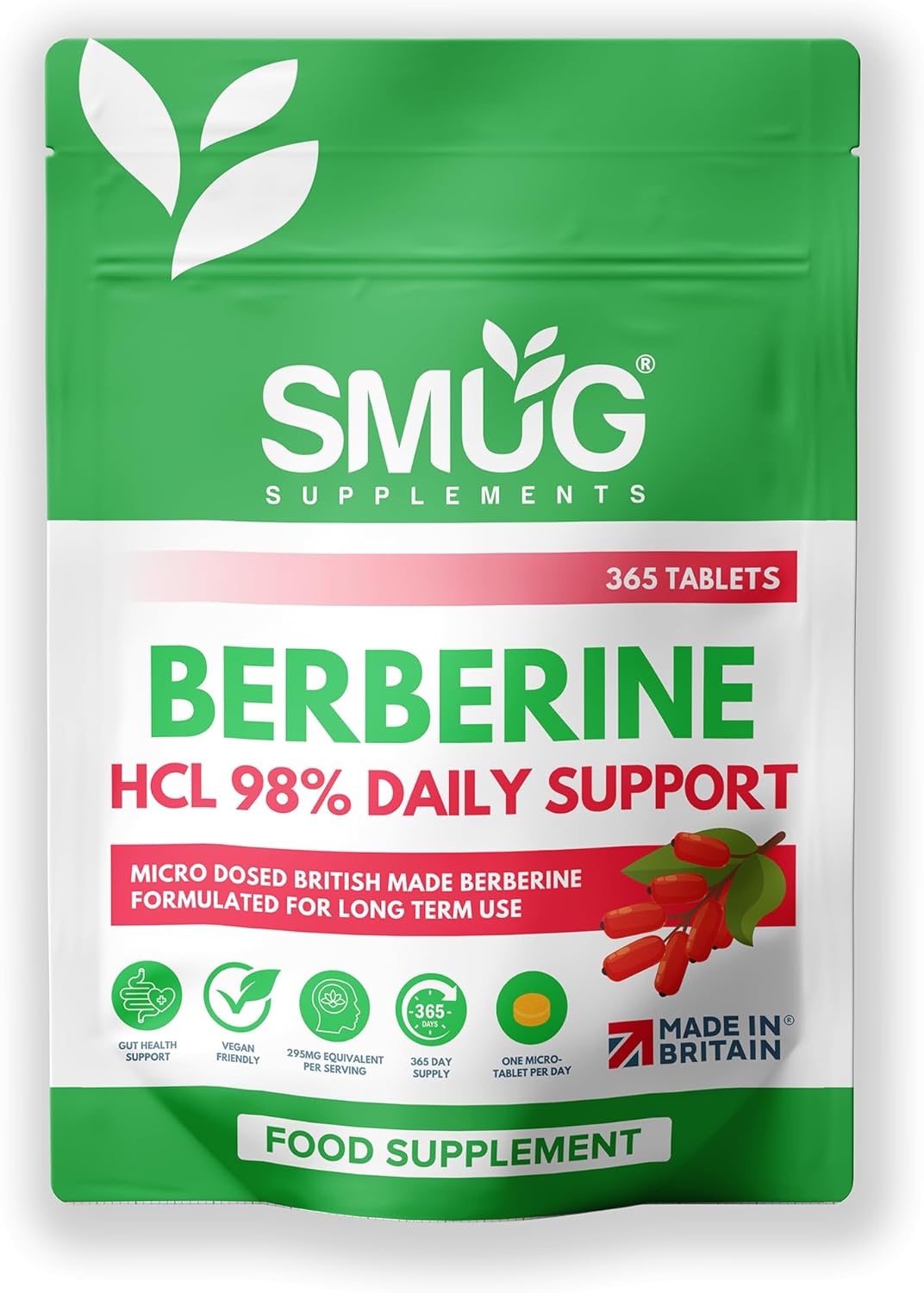 SMUG Supplements Berberine HCL British Made 98% Pure - 365 Micro Tablets - One Year Supply - Suitable for Both Men and Women