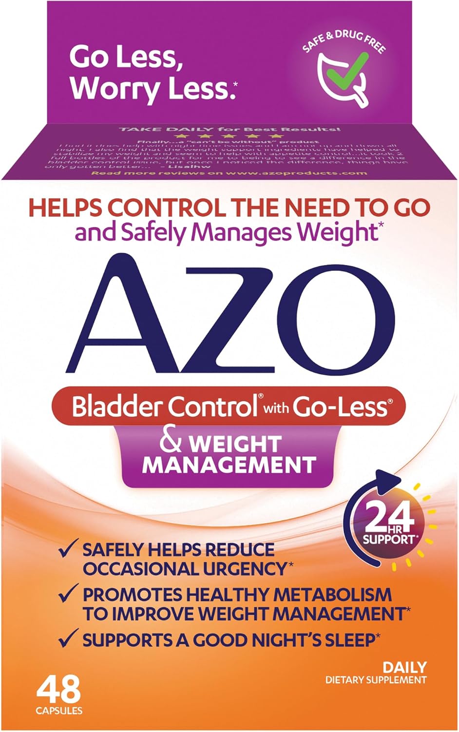 AZO Bladder Control with Go-Less® & Weight Management Dietary Supplement | Helps Reduce Occasional Urgency* | Promotes Healthy Metabolism* | Supports a Good Night’s Sleep* | 48 Capsules