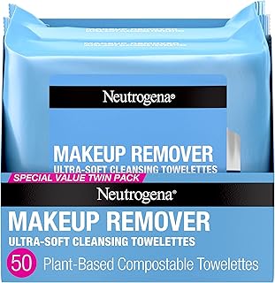 Neutrogena Makeup Remover Wipes, Ultra-Soft Cleansing Facial Towelettes for Waterproof Makeup, Alcohol-Free, Plant-Based, 50 Count (2 Packs of 25)