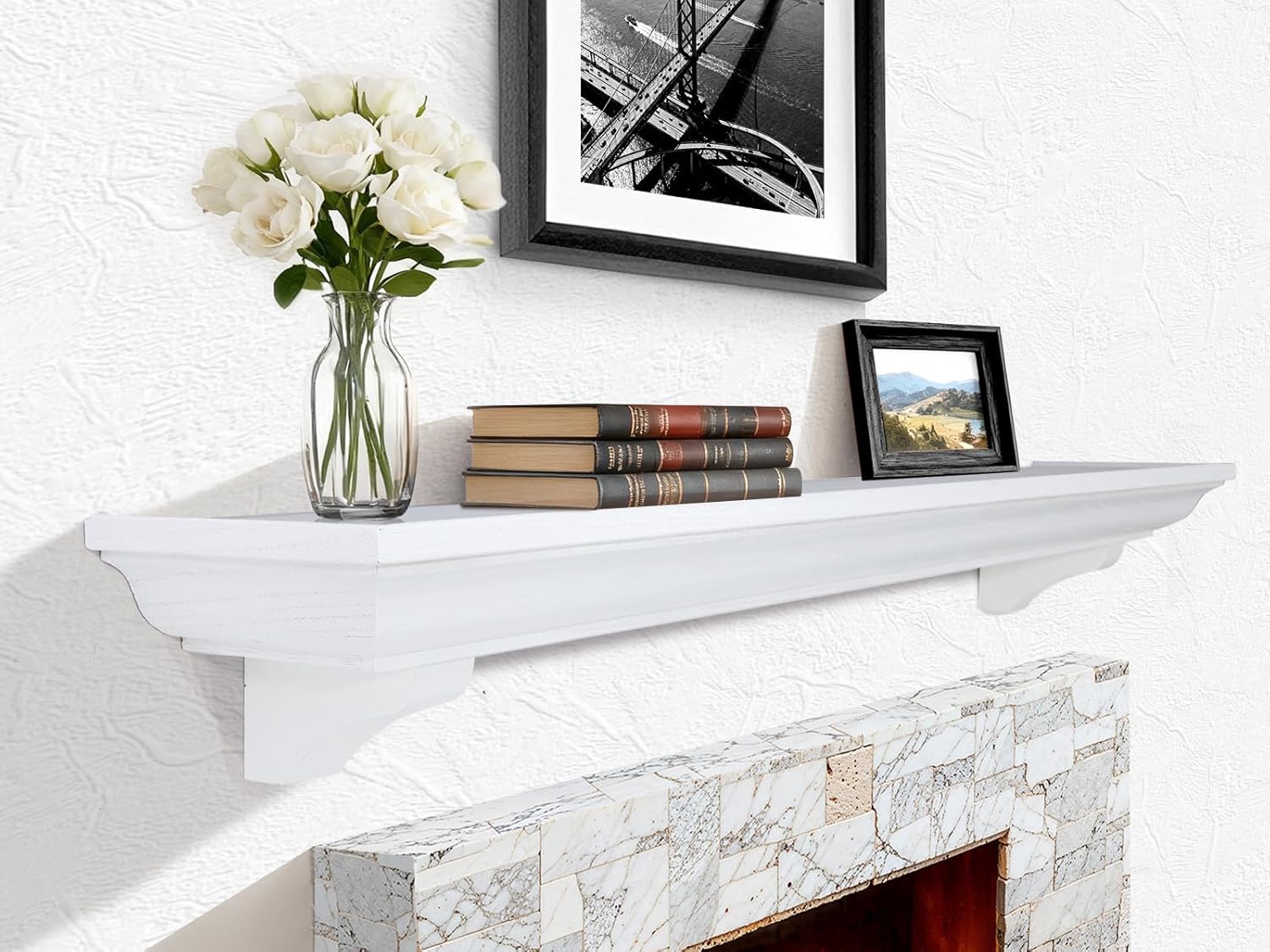 54 Inch Fireplace Mantel Shelf with Corbels, Rustic Floating Shelf for Wall, Wooden Fireplace Mantle for TV Mounting & Living Room, White