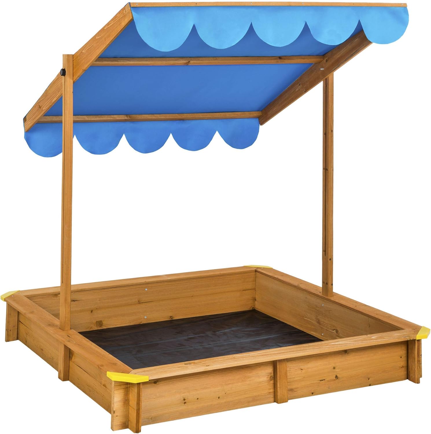 tectake® Wooden Sandpit with Adjustable Sun Canopy & Protective Groundsheet, Sandbox for Kids in Varnished Pinewood with Seat Edge & Protected Corners, Ideal Kids Garden Furniture, 120 x 120 cm - Blue