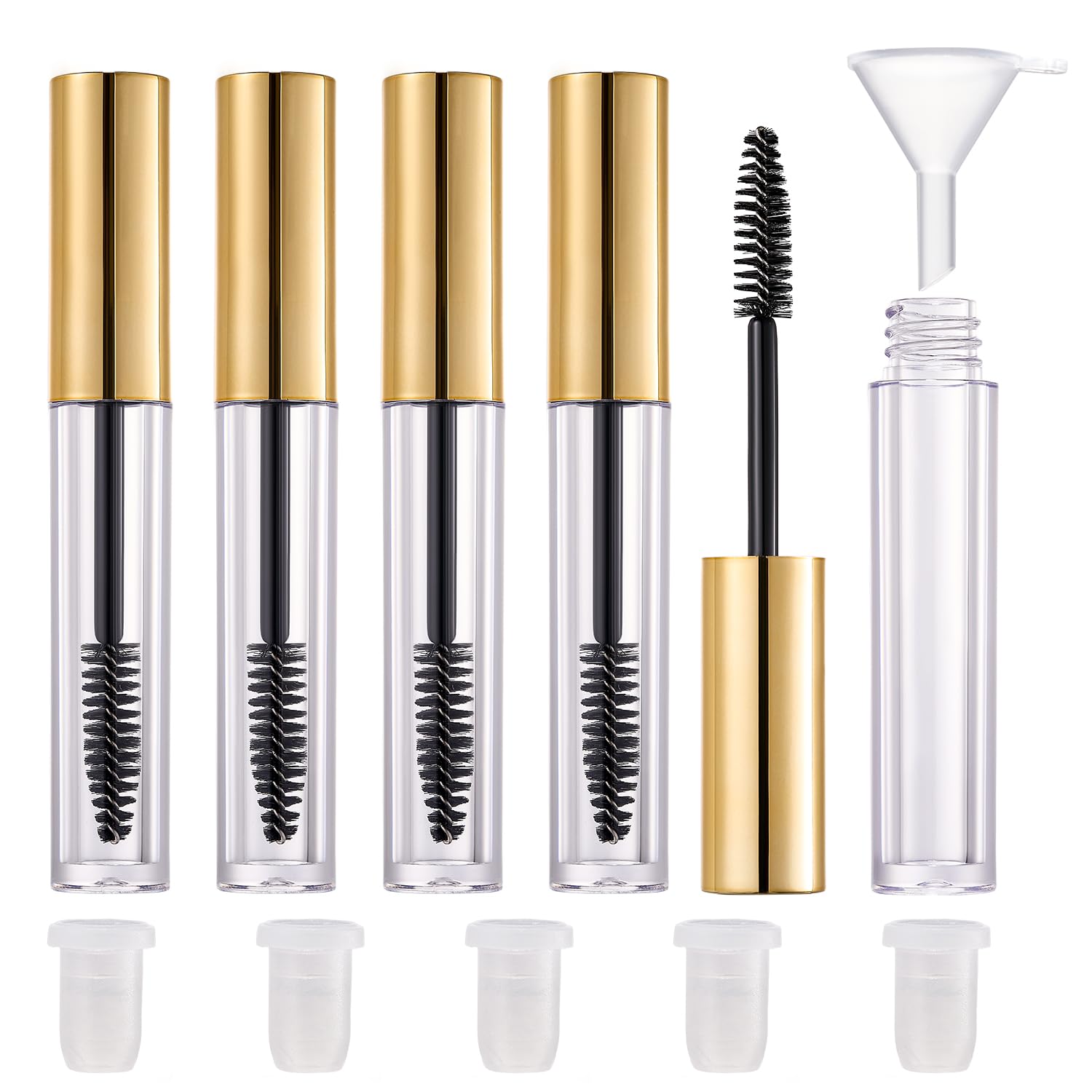 5 Pack Empty Mascara Tube, 2.5ml Transparent Reusable Eyelash Cream Container Bottle DIY Makeup Vials Cosmetic Tool for Castor Oil/Eyelash Growth Oil/Mascara with 5 Rubber Inserts, 1 Funnel