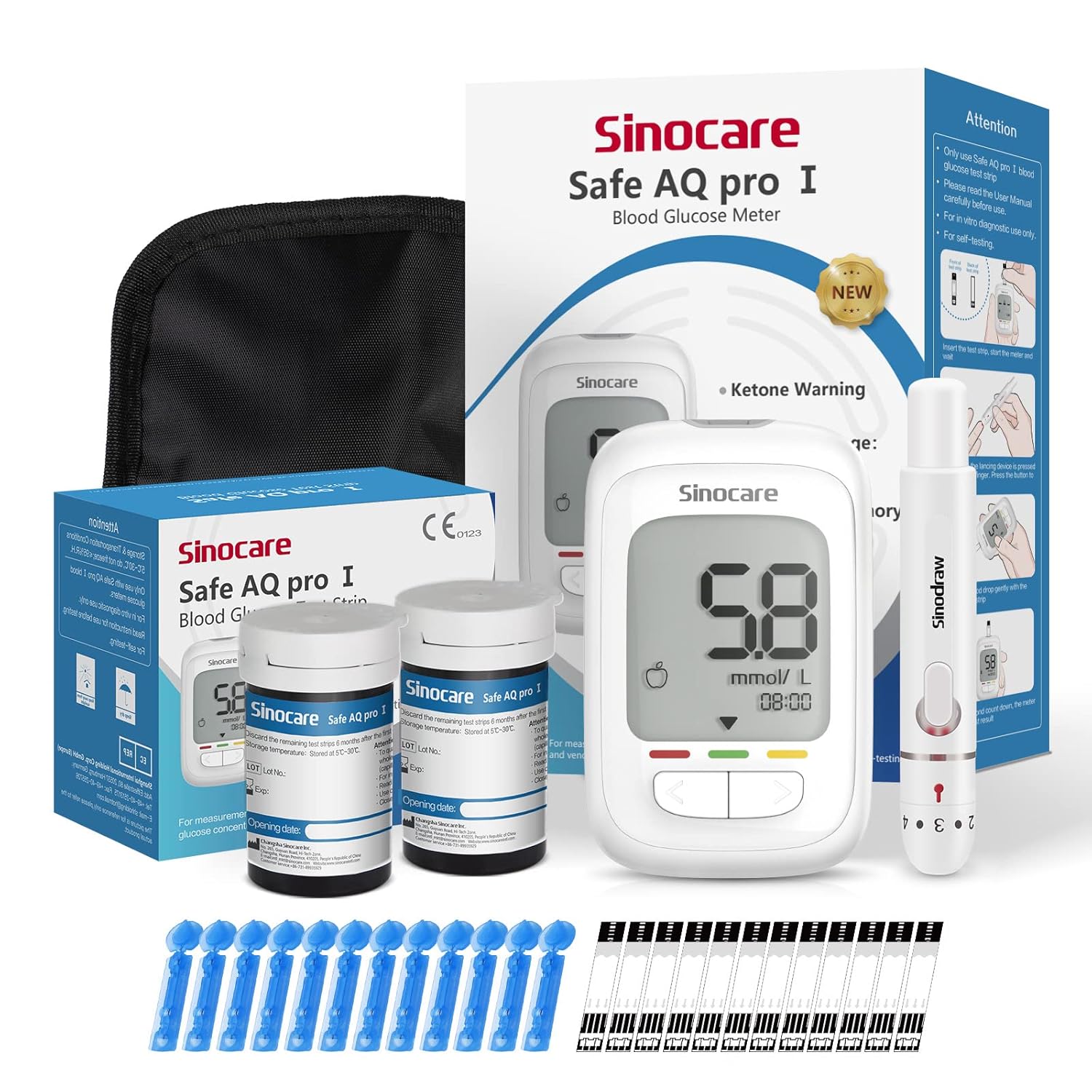 sinocare Blood Sugar Testing Kit/Blood Glucose Monitor Safe AQ Pro I, with Blood Ketone Warning, with Strips x 50 & Lancing Devices x 50 & Carrying Bag, 500 Memory, Results in mmol/L