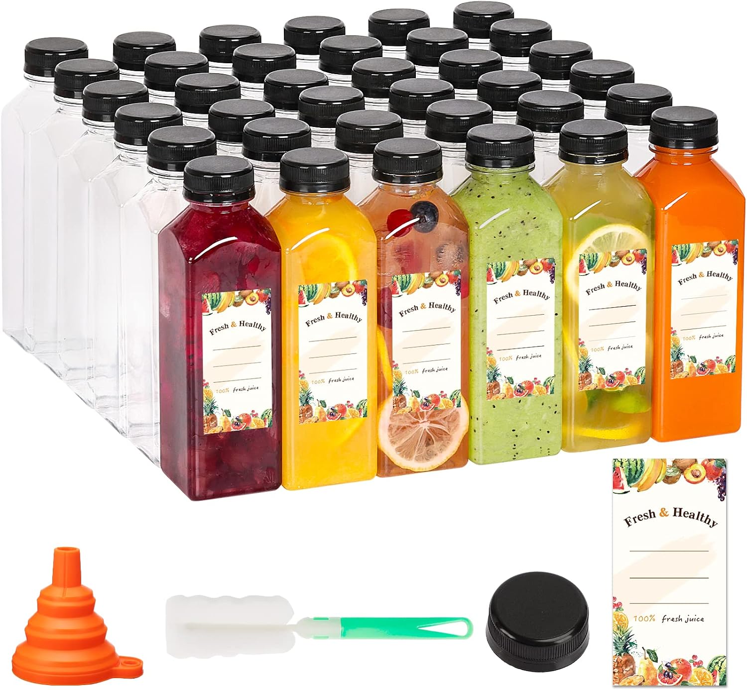 Moretoes 128pcs 16oz Plastic Juice Bottles with Caps, Bulk Clear Reusable Juicing Bottles for Smoothies and Other Beverages