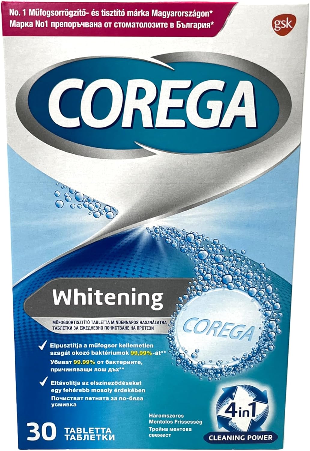 Corega- Whitening Dental Cleaning Tablets, 30pcs, Bio Formula Soluble Tablets, for Cleaning Dentures, (Pack of 1)