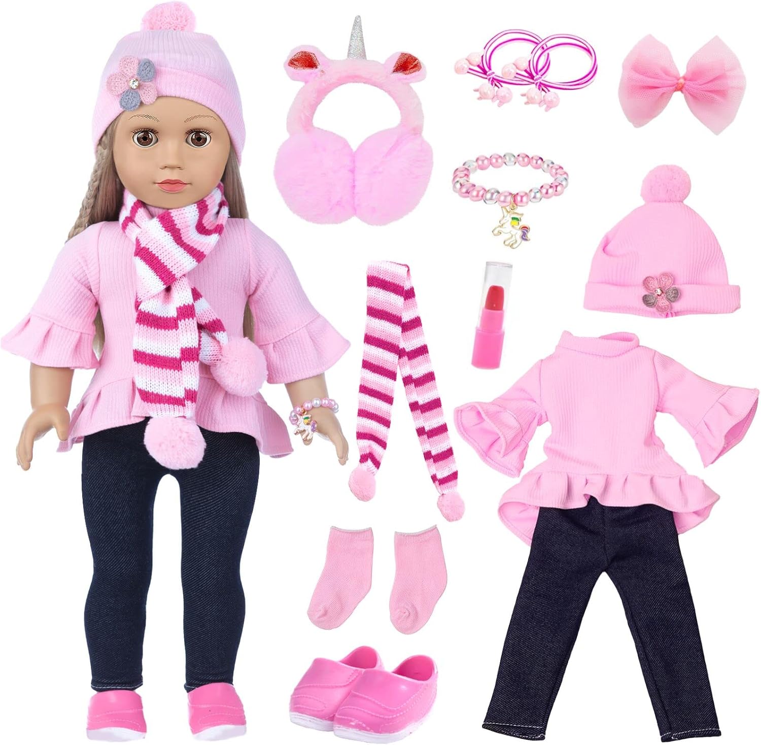 American Doll Clothes and Accessories for 18 Inch Dolls - Includes Pretend Makeup Kit - Girls Gift (Doll Not Included)