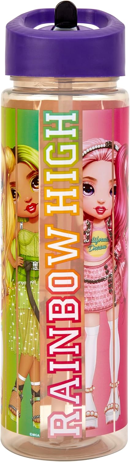 HOX Collection Rainbow High 600ML Flip Up Straw Drinks Bottle Reusable BPA-free Plastic Water Bottle with Carry Loop Removable straw & spills Proof Rainbow High licensed Merchandise