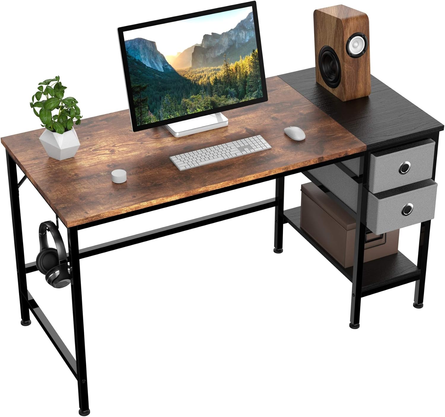 HOMIDEC Computer Desk, Office Work Writing Desk with Drawer and Headphone Hook for Student and Worker, Laptop Table with Shelves, Modern Style Desks for Bedroom, Home, Office(100x50x75cm)