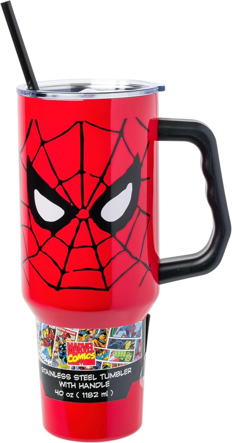 Silver Buffalo Marvel Spider-Man Stainless Steel Tumbler with Handle, Fits in Standard Cup Holder, 40 Ounces