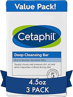 Cetaphil Bar Soap, Deep Cleansing Face and Body Bar, Pack of 3, For Dry to Normal, Sensitive Skin, Soap Free, Hypoallergenic, Paraben Free, Fragrance Free, Removes Makeup, Dirt and Oil