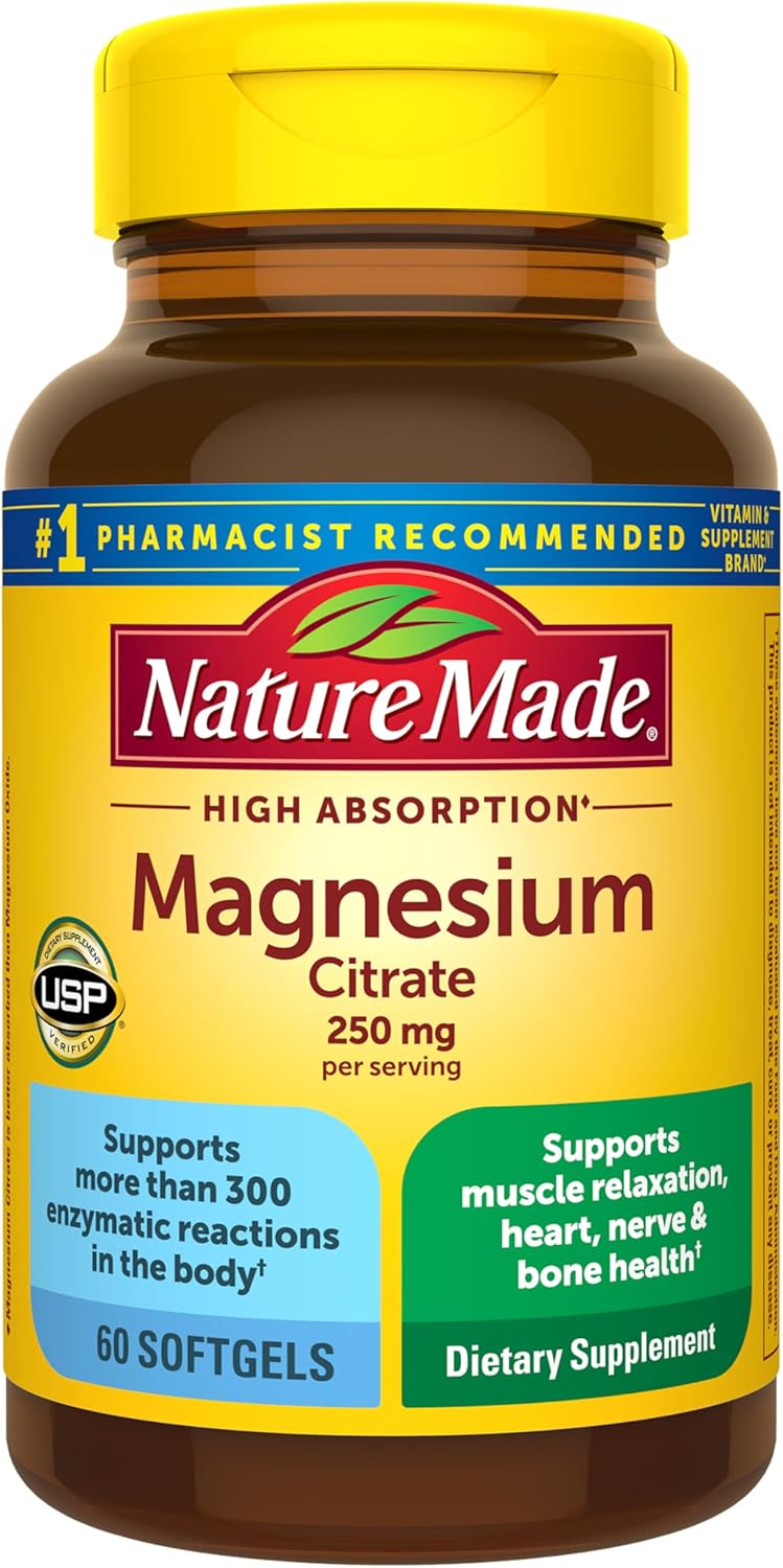 Nature Made Magnesium Citrate 250 mg per serving, Magnesium Supplements for Men and Women, Supports Muscle, Nerve, Bone and Heart, 60 Softgels, 30 Day Supply