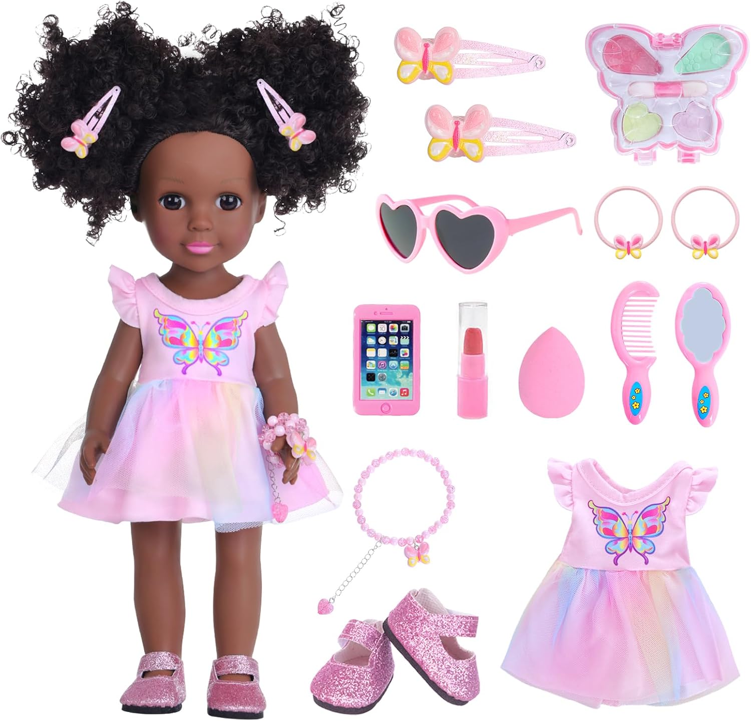 DONTNO 14.5 Inch Black Doll and Baby Doll Clothes and Accessories ,Including Phone Sunglasses Shoes Makeup Accessories and Butterfly Theme Dress Best Gift for Girls Kids