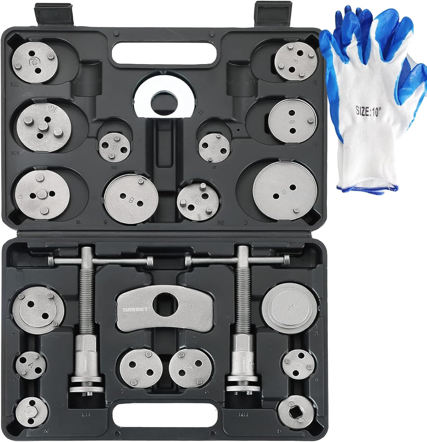 DASBET 24PCS Heavy Duty Disc Brake Caliper Tool Set and Wind Back Kit for Brake Pad Replacement Front & Rear Brake Piston Rewind Tool with Storage Case & One Pair of Glove(Black)