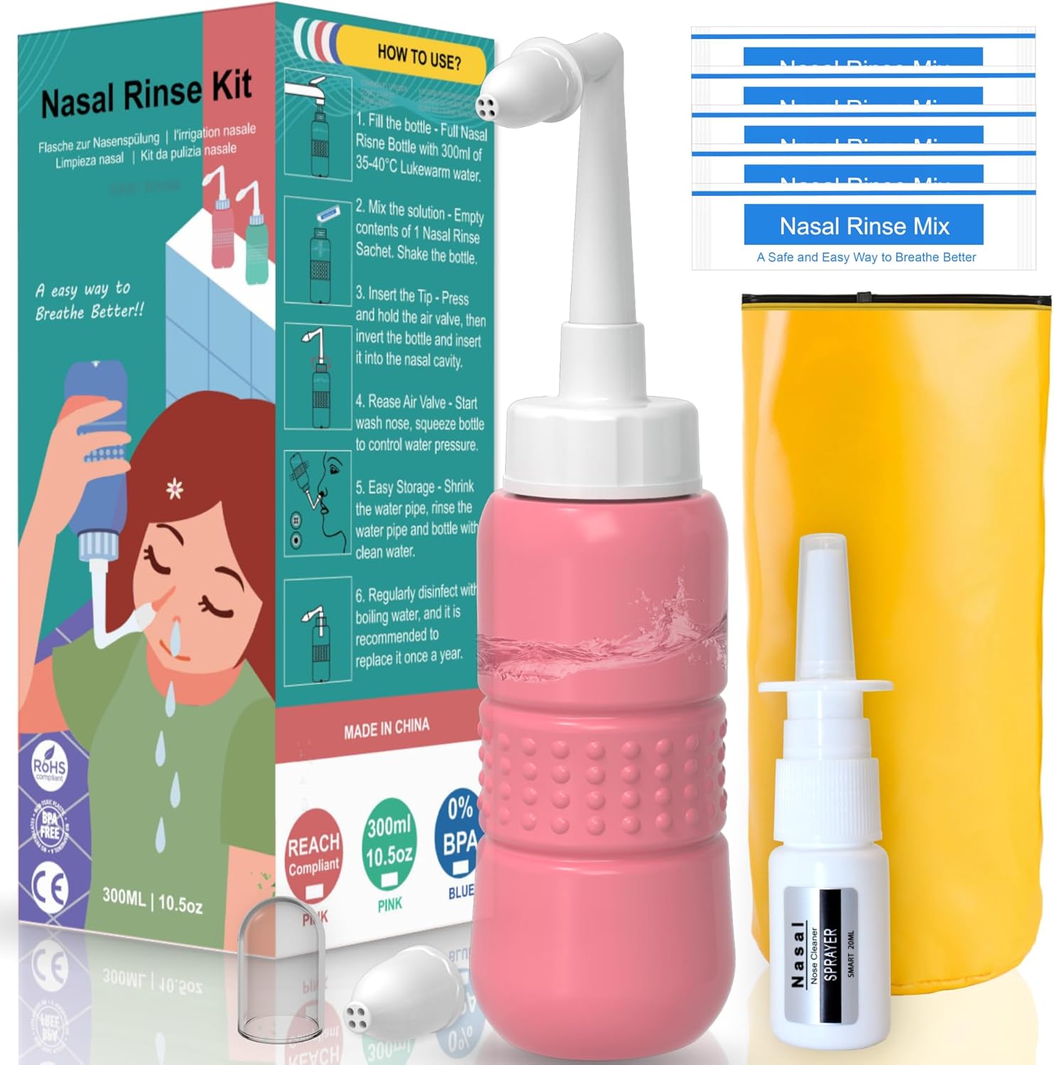 Sinus Rinse Kit +5 Nasal Rinse Mix, Neti Pot Squeeze Bottle with 2 Soft Nozzle Nasal Rinse Mix Nose Wash Bottle 300ml + Nasal Sprayer with Waterproof Storage Bag BPA Free[𝗣𝗶𝗻𝗸]