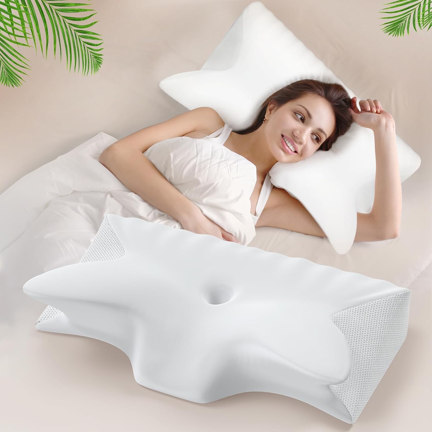 Hexus Cervical Neck Pillow for Pain Relief Sleeping, Ergonomic Memory Foam Pillows, Orthopedic Contour Neck Support Pillows with Cooling Pillowcase for Side, Back, and Stomach Sleeper, White