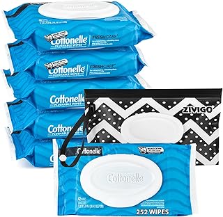 Cottonele Flushable Wet Wipes for Adult, Fresh Care Flip-Top Packs 42 Ct (Pack of 6), Bundle with Zivigo-Travel Case Resealable and Refillable with Strap