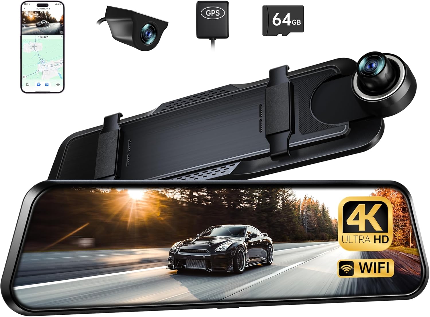 P10 Plus 4K WiFi Mirror Dash Cam, Rear View Mirror Camera w/Smart Driving System ADAS/BSD/LCA, Dash Cam Front and Rear Backup Camera for Cars, 64GB Card Included, GPS, WDR Night Vision