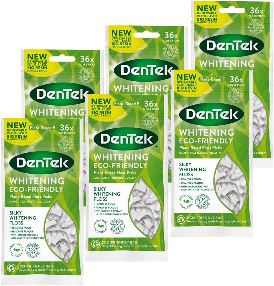 DenTek Eco-Friendly Whitening Floss Picks with Silky and Anti-Bacterial Floss, with Micro Crystals, Helps Whiten Between Teeth, 36 Count x 6 packs (216 Picks)