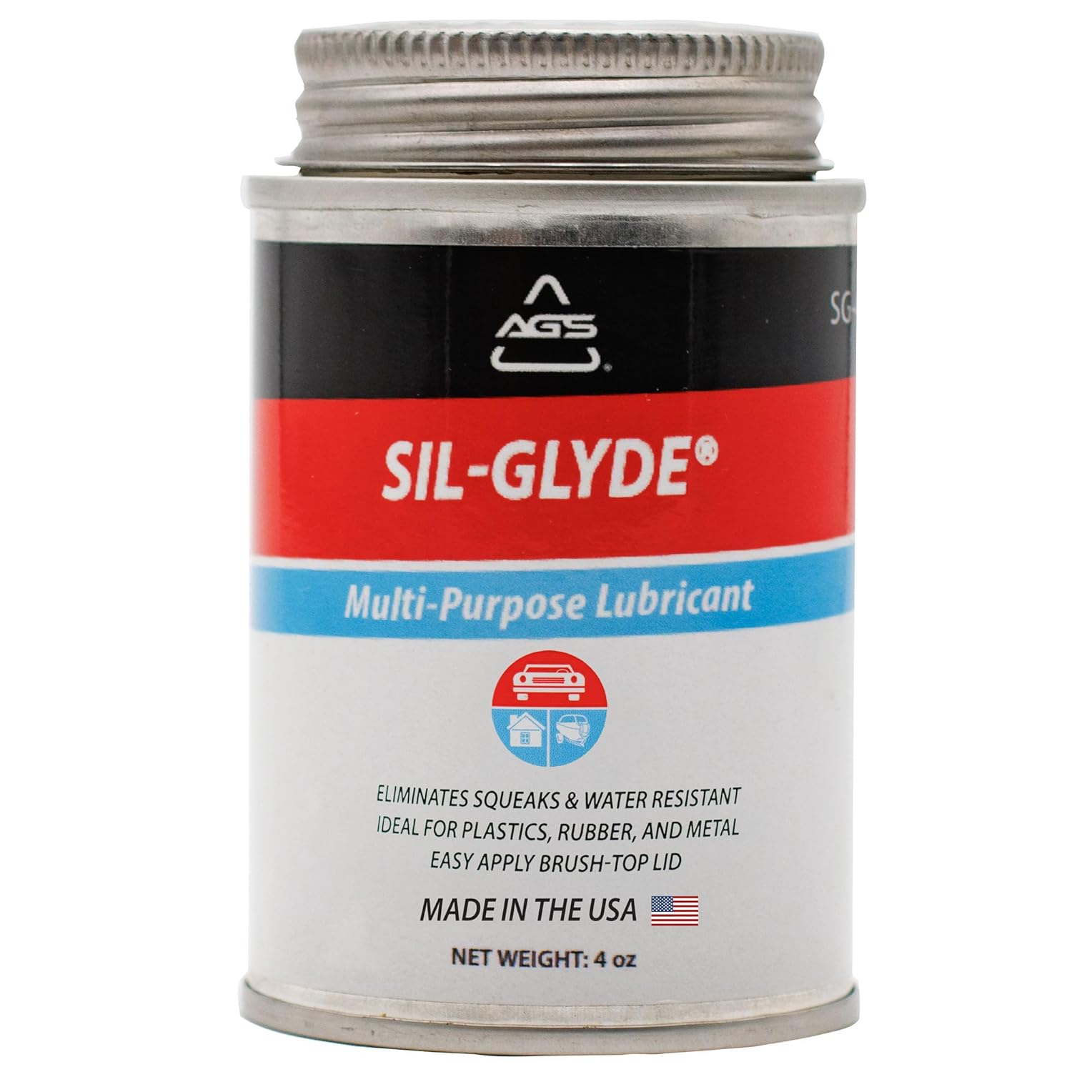 AGS Automotive Solutions SIL-Glyde Brush Top Can Multi-Purpose All-Weather Lubricating Compound for All Surfaces, 4 oz Lubricant Can, Silicone Lubricant, Ensure Friction Resistance