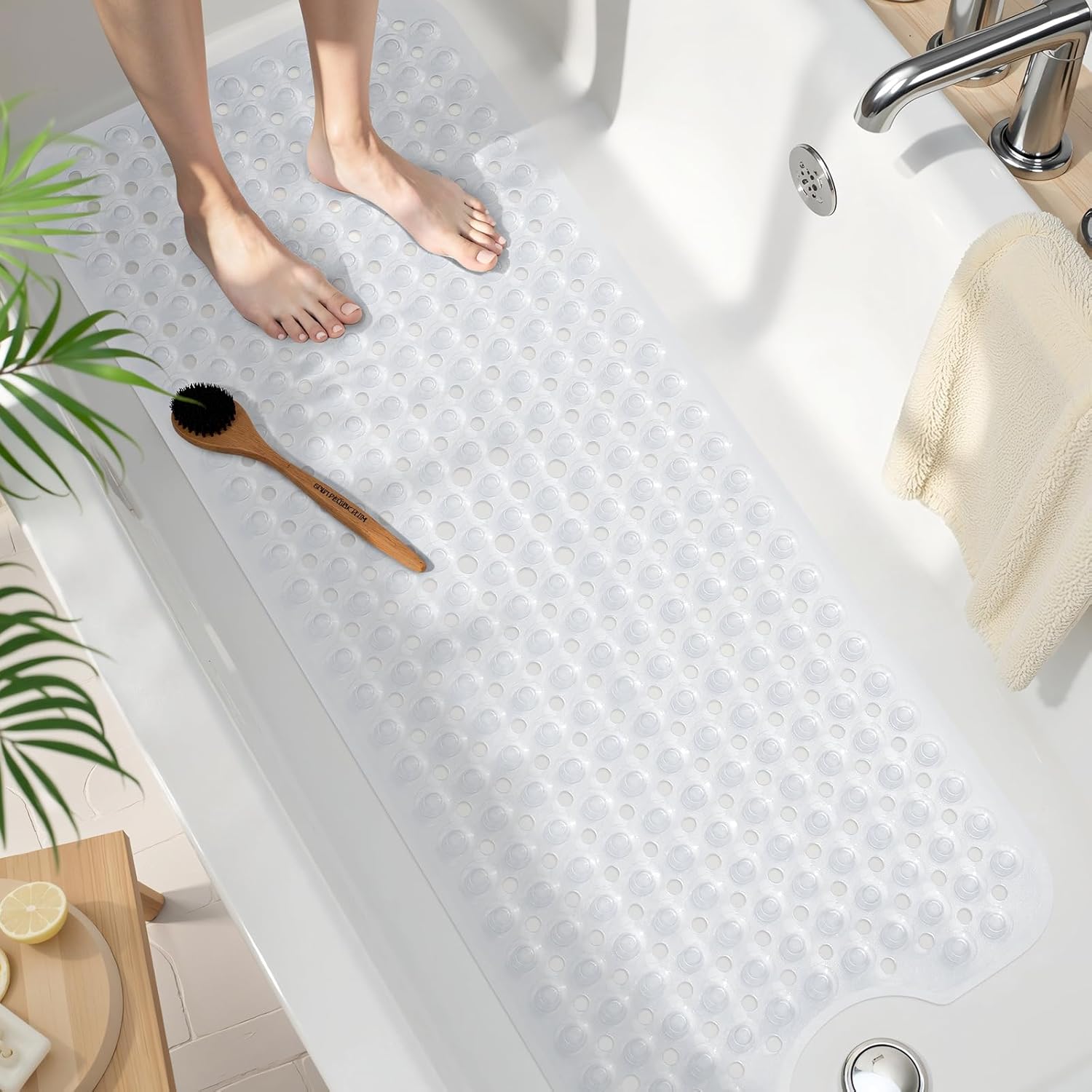 Smiry Non Slip Bath Mat, 100x40cm Extra Long Soft Bathtub Mat with 300 Strong Suction Cups & Drain Holes, Machine Washable Skin-Safe Bathroom Shower Mat, Clear