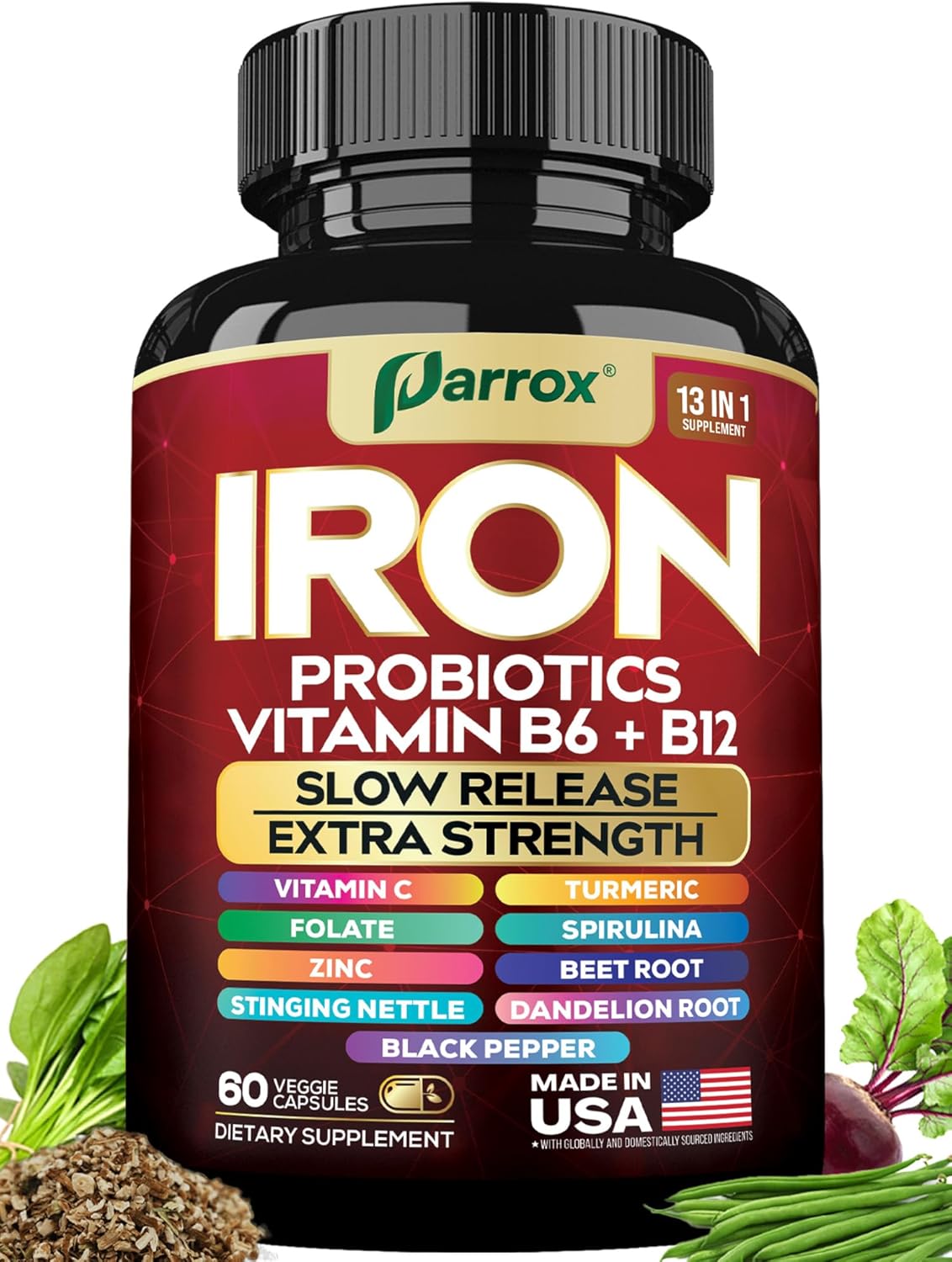 Iron Supplement with Slow Release Iron, Probiotics, Spirulina, Turmeric, Vitamin B6, B12, C, Zinc, Folate, Beetroot, Nettle Leaf, Dandelion Root, Black Pepper, Extra Strength, 60 Vegan Capsules