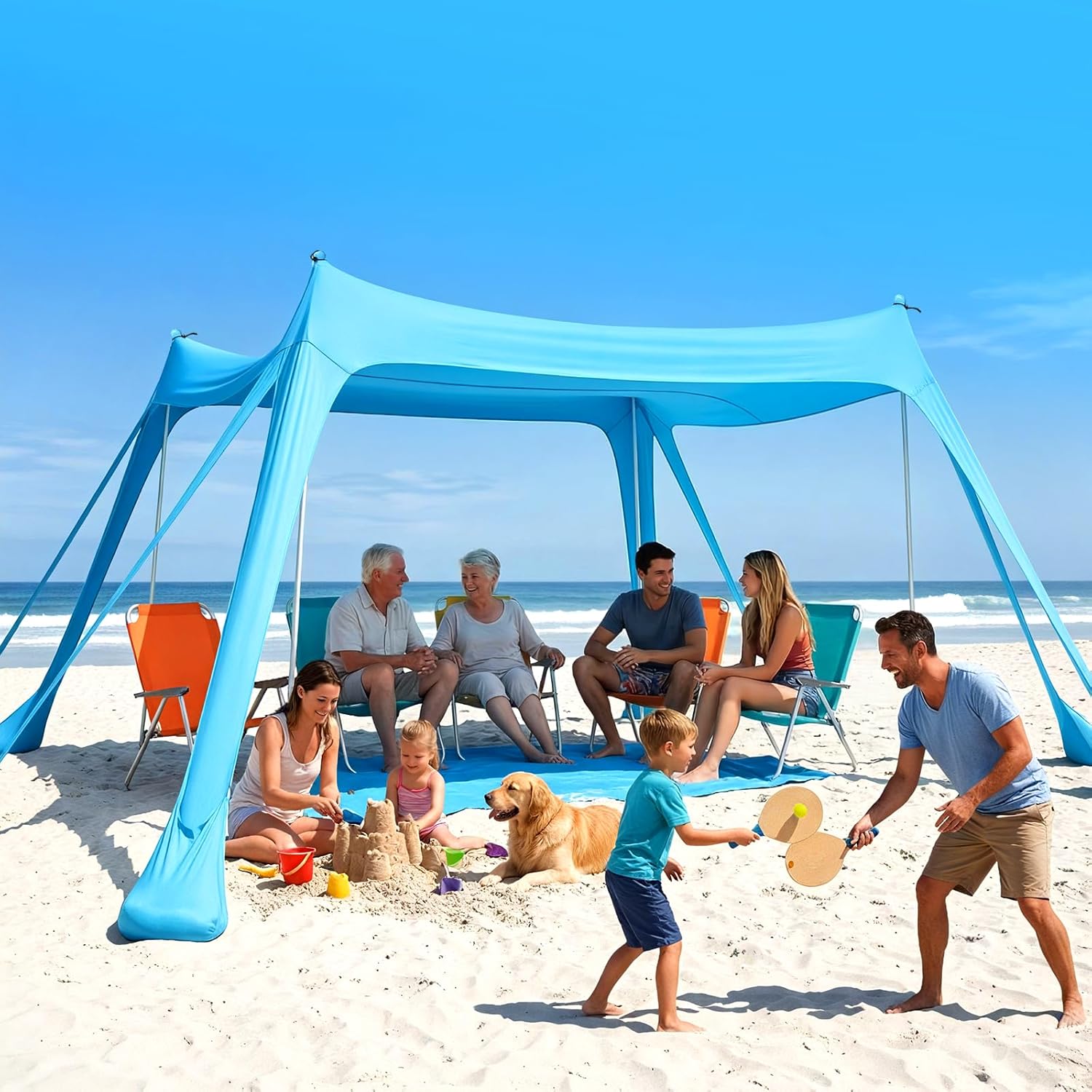 Beach Tent Sun Shelter - 10x10FT Beach Shade Canopy UPF50+ Protection Easy Setup, with 8 Sandbags, 4 Stability Poles, Sand Shovel, Ground Spikes, Outdoor Shade for Sand, Camping, Fishing