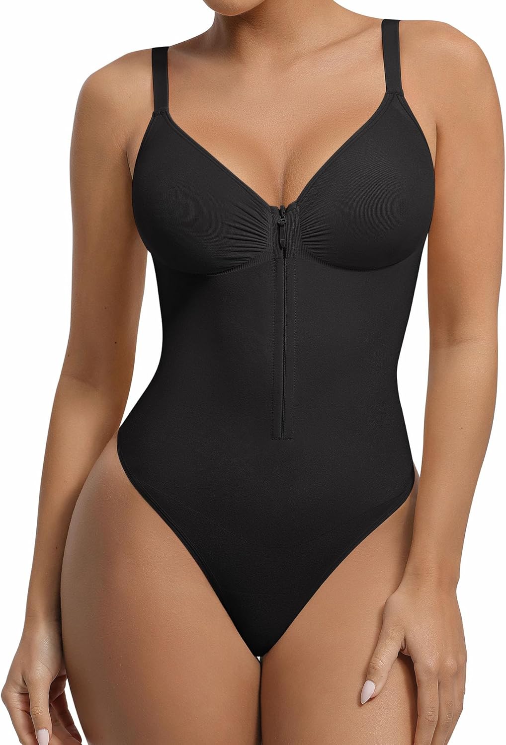 FeelinGirl Shapewear Bodysuit Tummy Control for Women Zip-Up Shapewear Thong Sculpting Snatched Waist V Neck Body Shaper