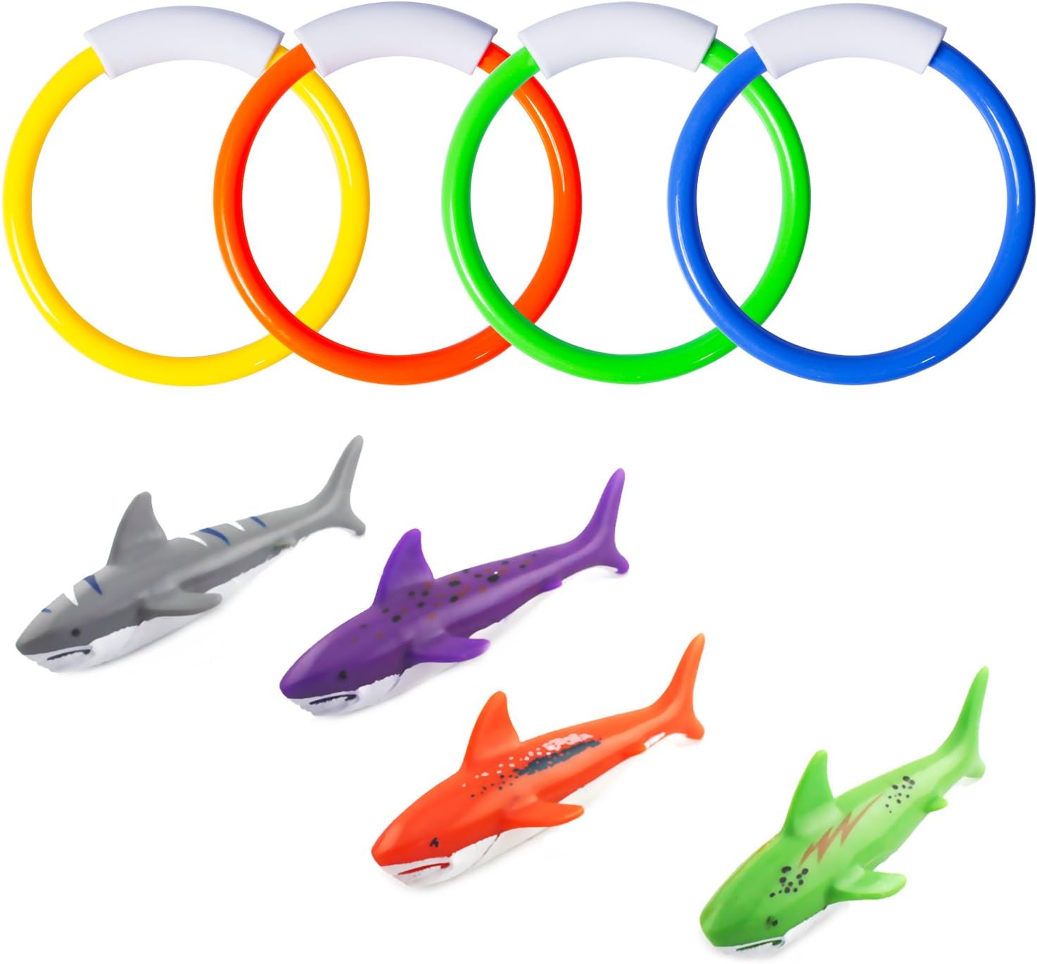 Pool Diving Toys, Underwater Swimming Pool Toys for Kids Ages 4-8, Diving Rings and Training Sharks for Learning to Swim, 8 Pack