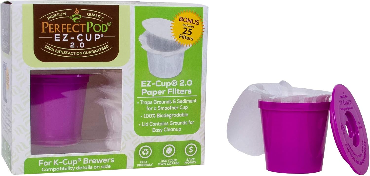 Perfect Pod EZ-Cup 2.0 Starter Pack | 1-Stream Reusable K Cup Coffee Pod Capsule with 25 Disposable Paper Filters (Starter Pack)