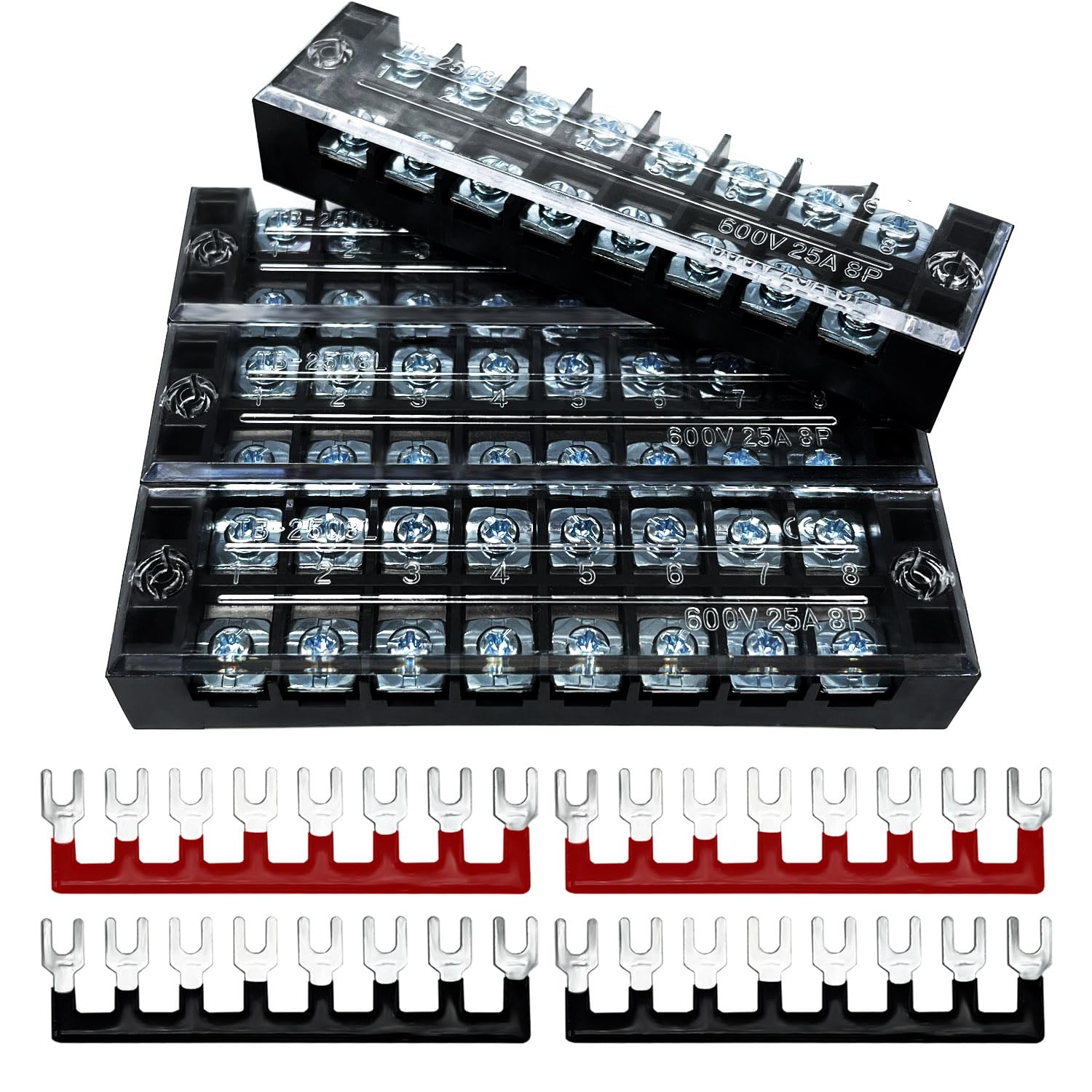 4 Sets 8 Positions 600V 25A Terminal Blocks Ground Circuit Dual Row Bus Bar Wire Screw Terminal Block Kit with Cover 600V Pre Insulated Terminal Strip WW004-2508