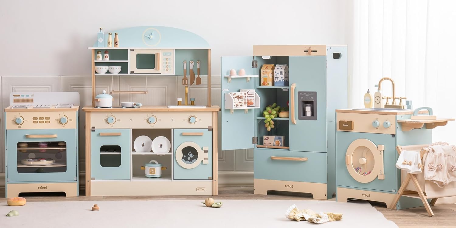 ROBUD Wooden Play Kitchen Set, Kids Toy Kitchen Set with Realistic Design, Utensils, Ice Maker, Fridge, Oven, Washer, Modern Style Play Kitchen with Accessories, Ideal Gift for Boys & Girls, Blue