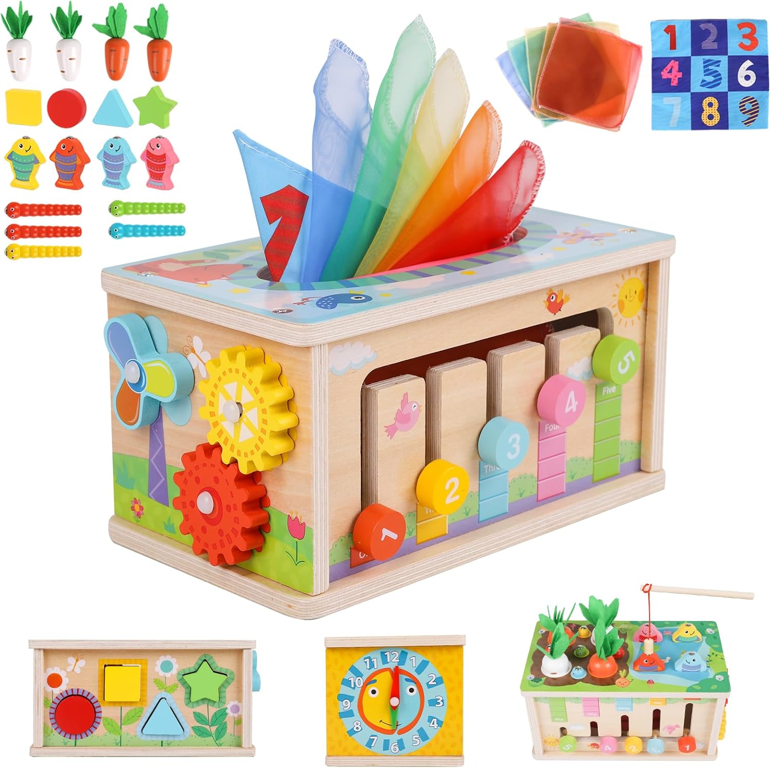 LZDMY Baby Toys 6 to 12 Months, Sensory Montessori Toys for 1 2 3 year old Boys Girls, 6 in 1 Wooden Tissue Box Toy, Toddlers Educational Sorting Toy, Baby 1st Birthday Gifts