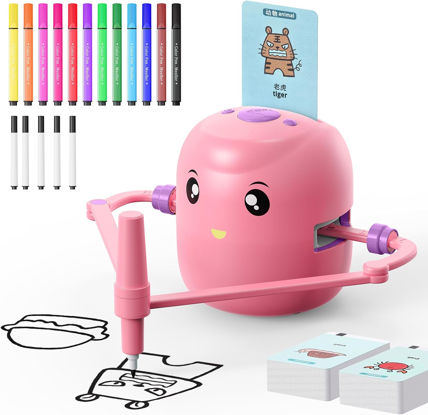 Interactive Educational Drawing Robot for Kids - Montessori Learning Toy with 100 Word Cards, Voice Interaction, Ages 5+ (Pink)