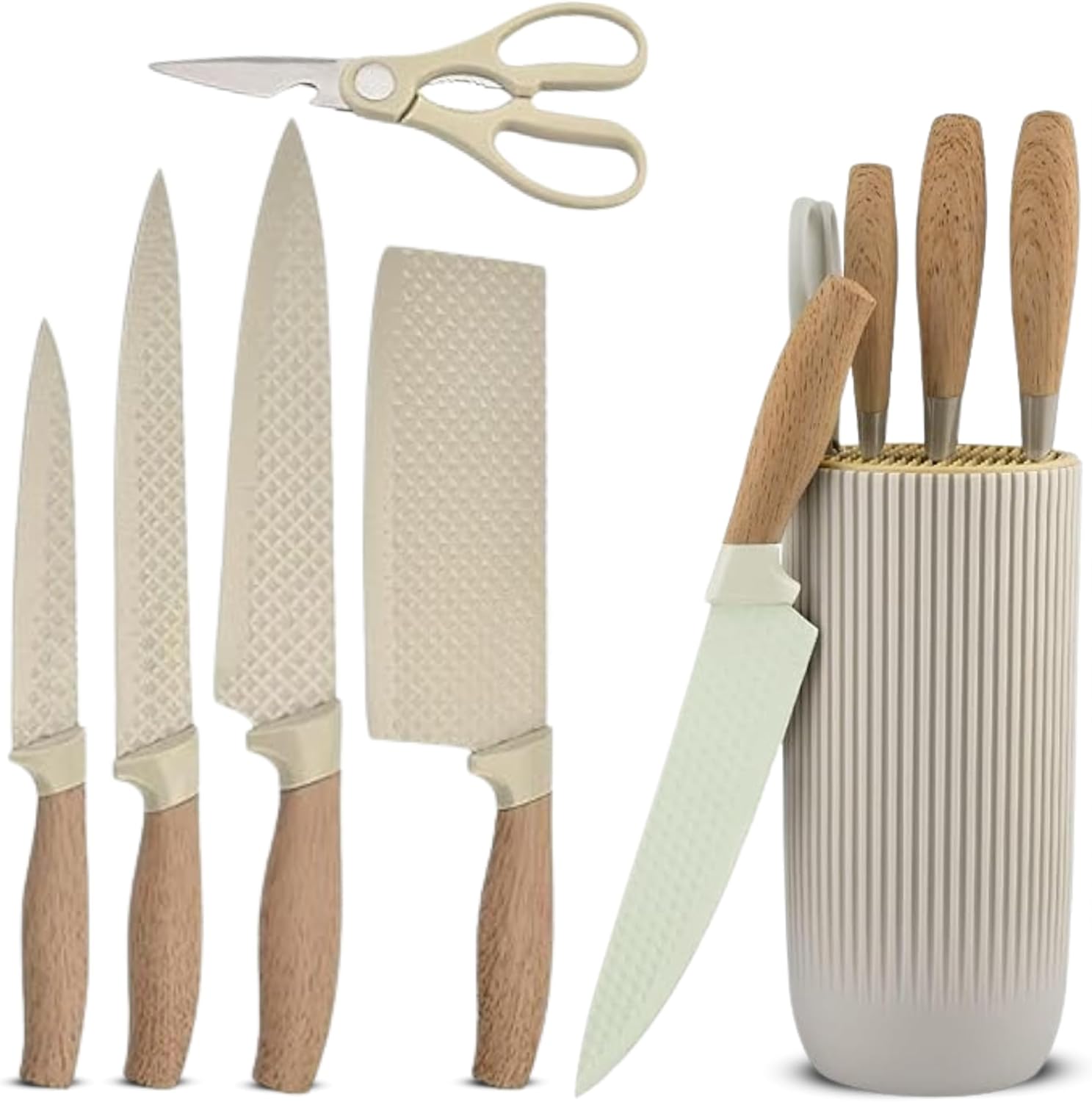 Home Vista Knife Set with Cup Holder, 6 Pcs Kitchen Knife Sets with Block 4 Sharp Stainless Steel Knives, Scissors & Storage Block – Chopping & Slicing Professional Chef Cooking Knives Set (Cream)