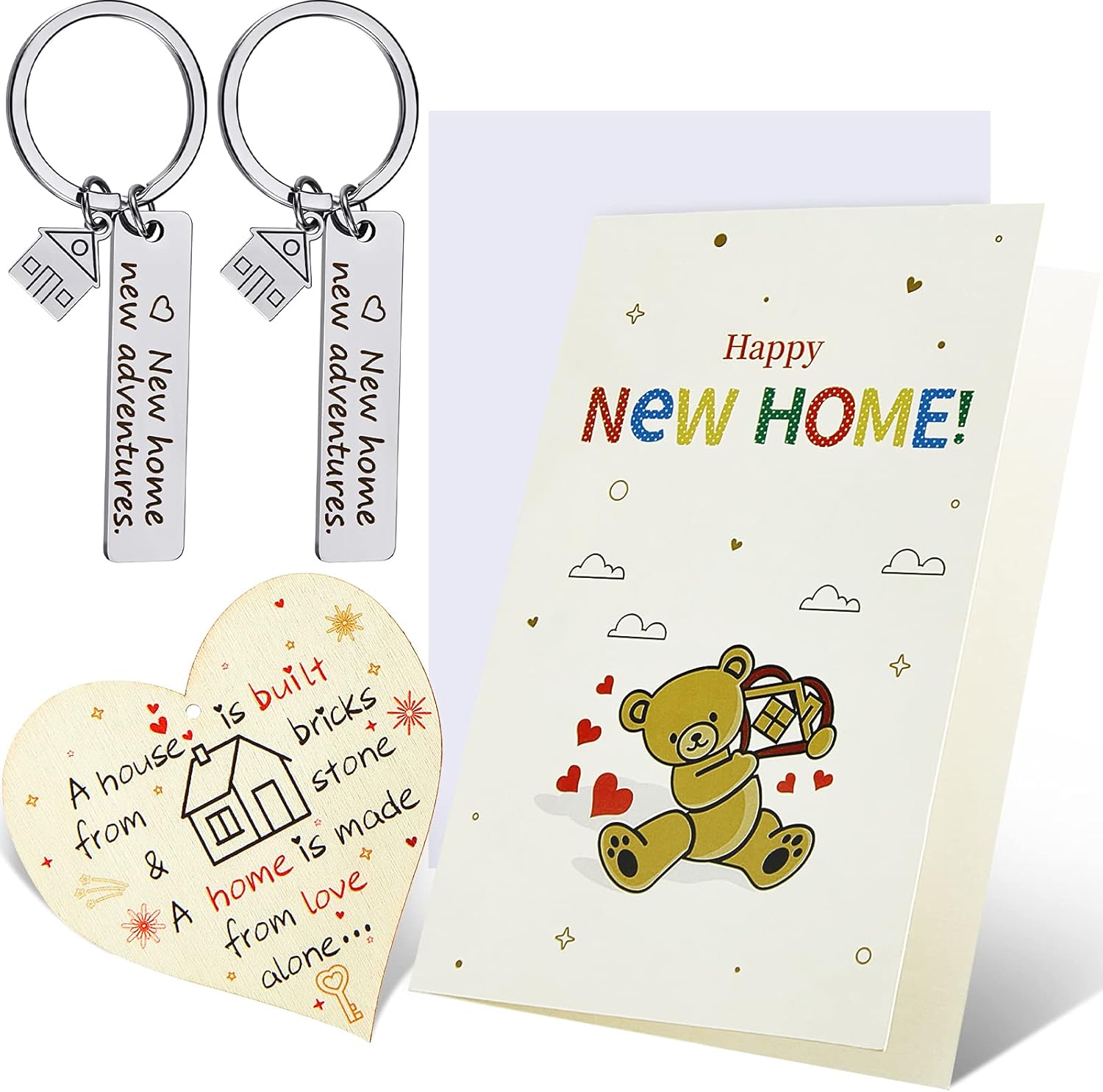 Jadive New Home Decoration Set Including 2 Pieces New Home Adventures Keychain and Cards with Envelope Wooden Hanging Heart Sign Plaque with Rope for Housewarming Decorations