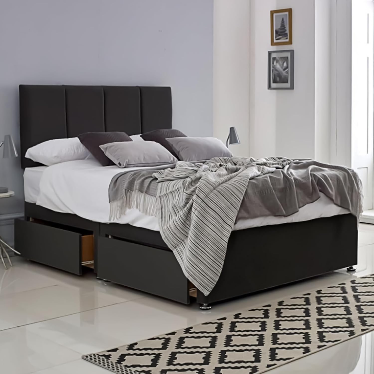 ComfoRest King Size Bed with Mattress & 2 Drawers - 5FT - (Black Plush) - Elegant Set for Spacious Bedrooms - Sturdy Frame for Comfort - Luxe Divan for Relaxing Sleep