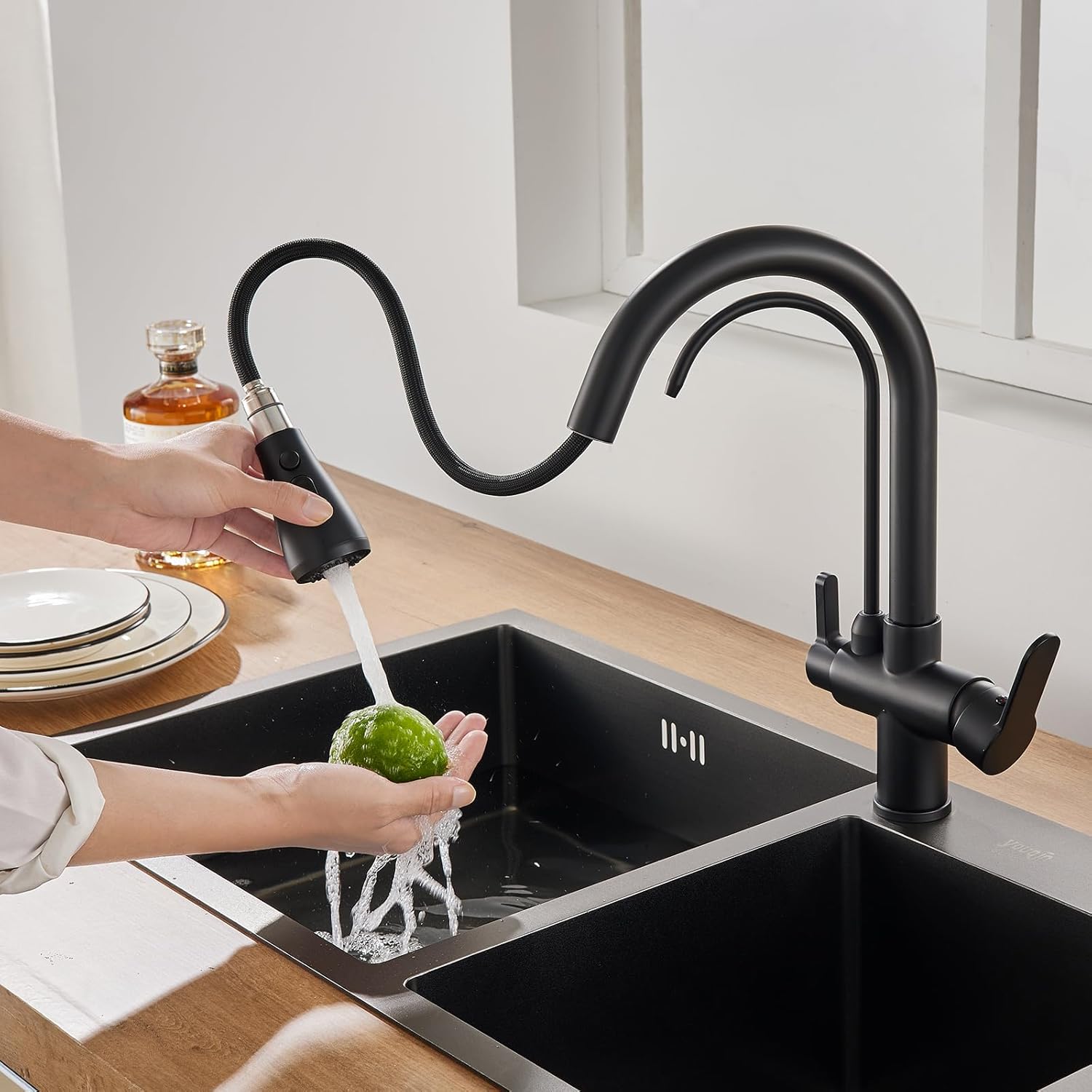 KINKIBOS 3 Way Kitchen Tap, Brass Body, Mixer Tap with Drinking Water Tap for Filter System, 360° Rotating Extendable Taps with Spray Head, 2 Levers, Black